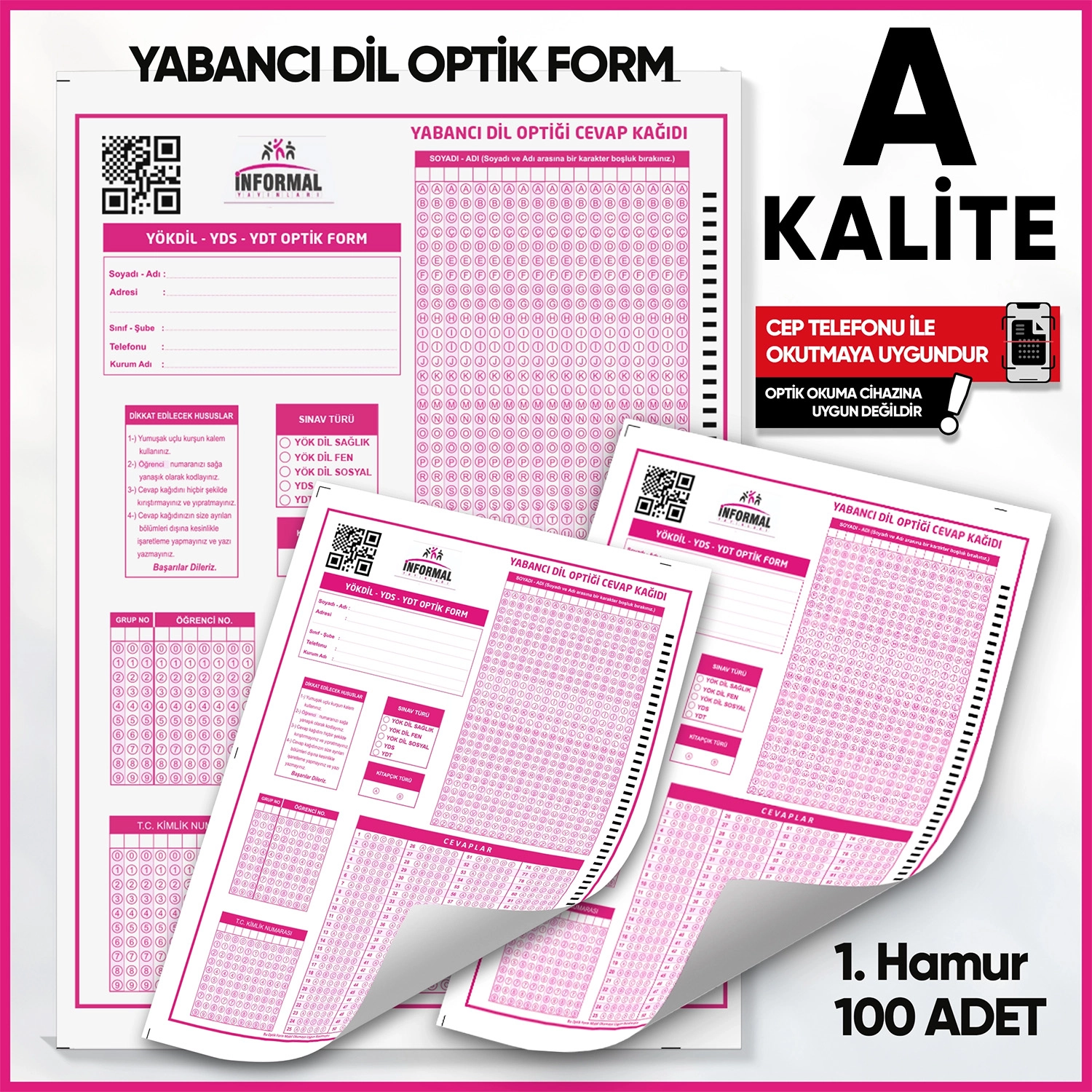 Yabancı Dil (YÖKDİL, YDS ve YDT) Deneme Sınavları İçin 100 Adet (80.GR) Optik Form 
