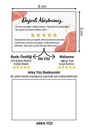 Değerli Müşterimiz Temalı Renkli Teşekkür ve Yorum Artırıcı Kart 300 adet 8x5cm Yüksek Kalite 300 gr