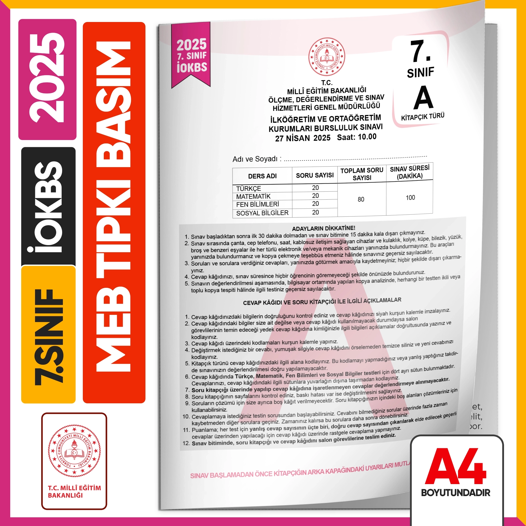 2025 7.Sınıf İOKBS BURSLULUK MEB Tıpkı Basım Çıkmış Soru Kitapçığı Video/PDF Çözümlü Türkiye Geneli