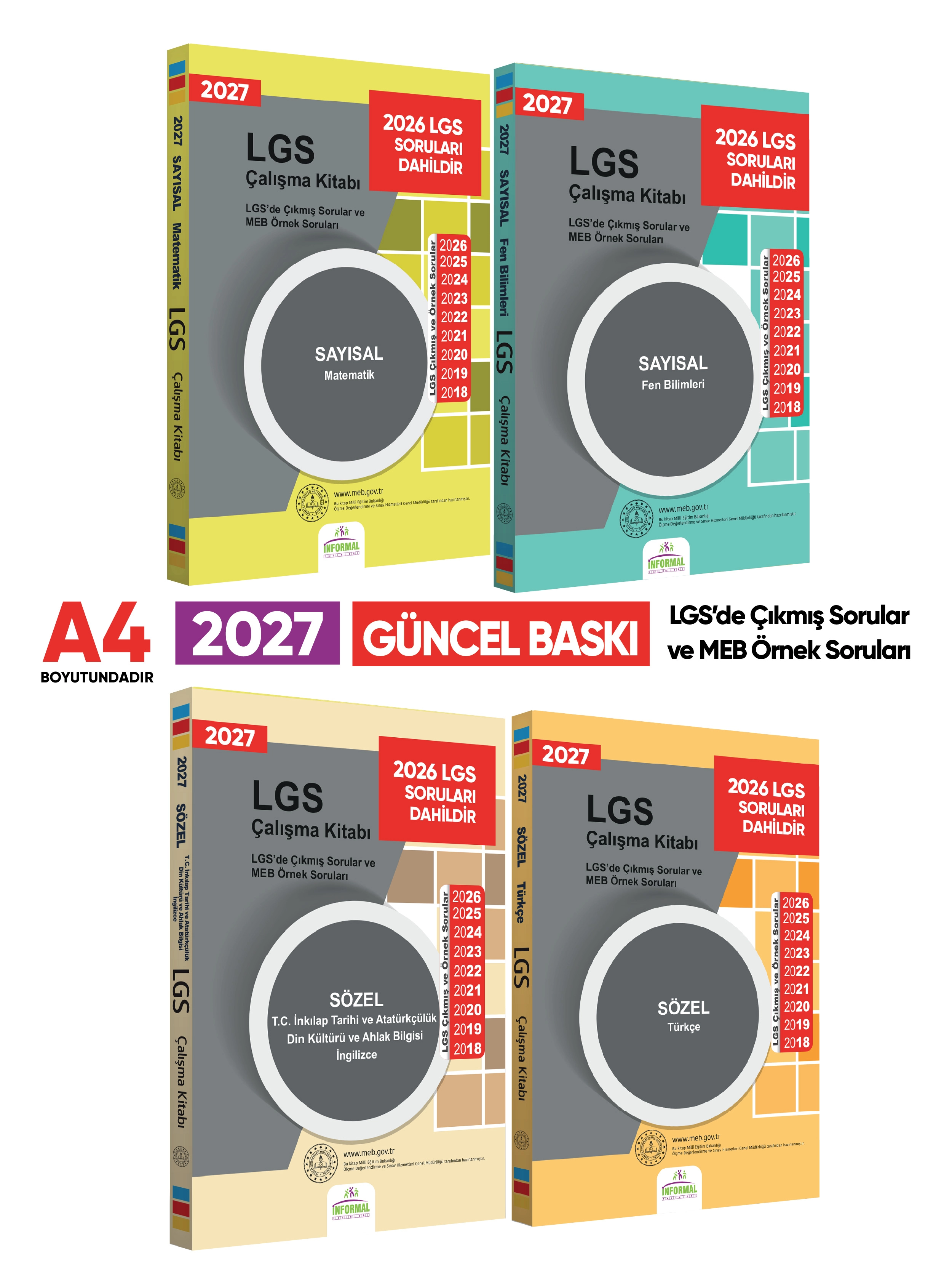 2027 LGS 8.Sınıf Çıkmış ve MEB Örnek Sorular Çalışma Kitabı 4lü SET A4 RENKLİ Baskı