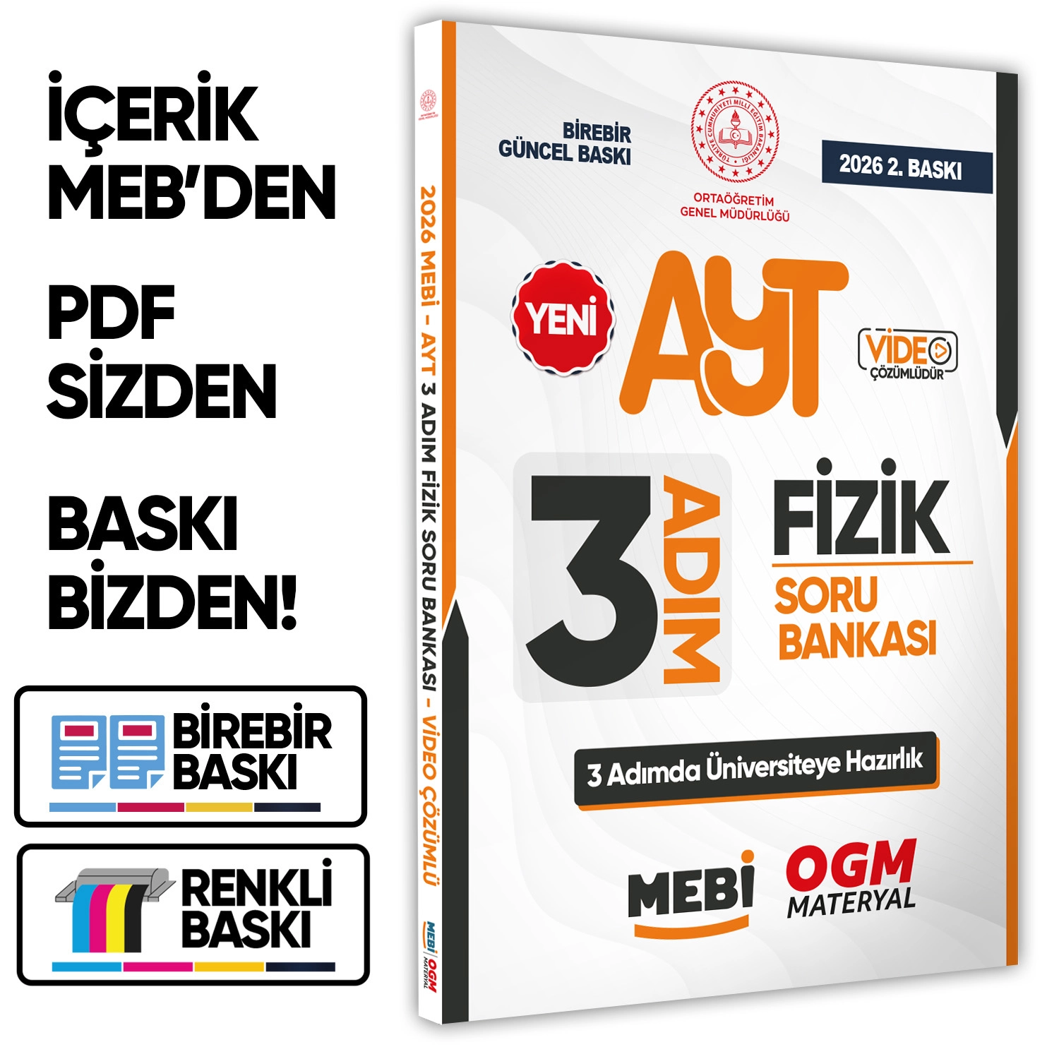 2026 AYT MEBİ-OGM 3 ADIM Fizik Soru Bankası RENKLİ A4 Boyut Video Çözümlü BASKI ÜCRETİ