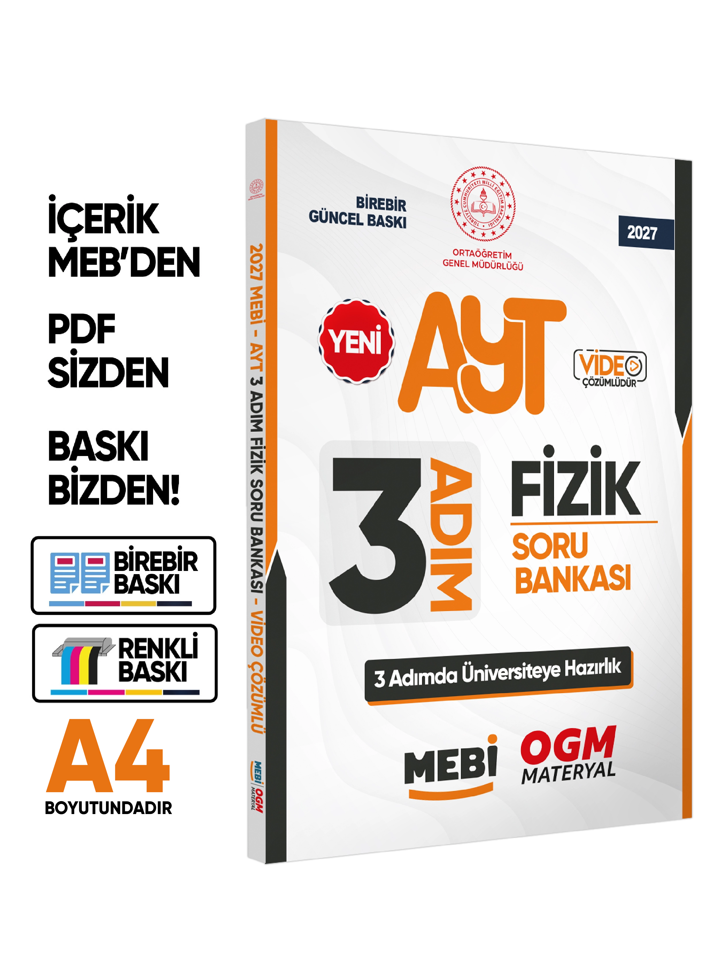 2027 AYT MEBİ-OGM 3 ADIM Fizik Soru Bankası RENKLİ A4 Boyut Video Çözümlü BASKI ÜCRETİ
