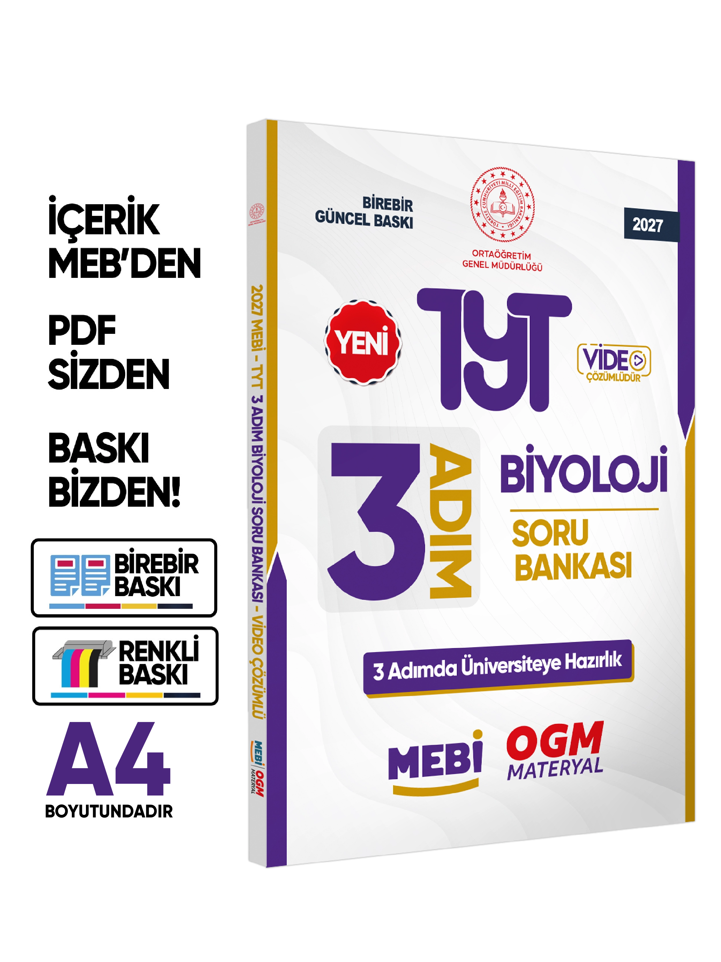 2027 TYT MEBİ-OGM 3 ADIM Biyoloji Soru Bankası RENKLİ A4 Boyut Video Çözümlü BASKI ÜCRETİ