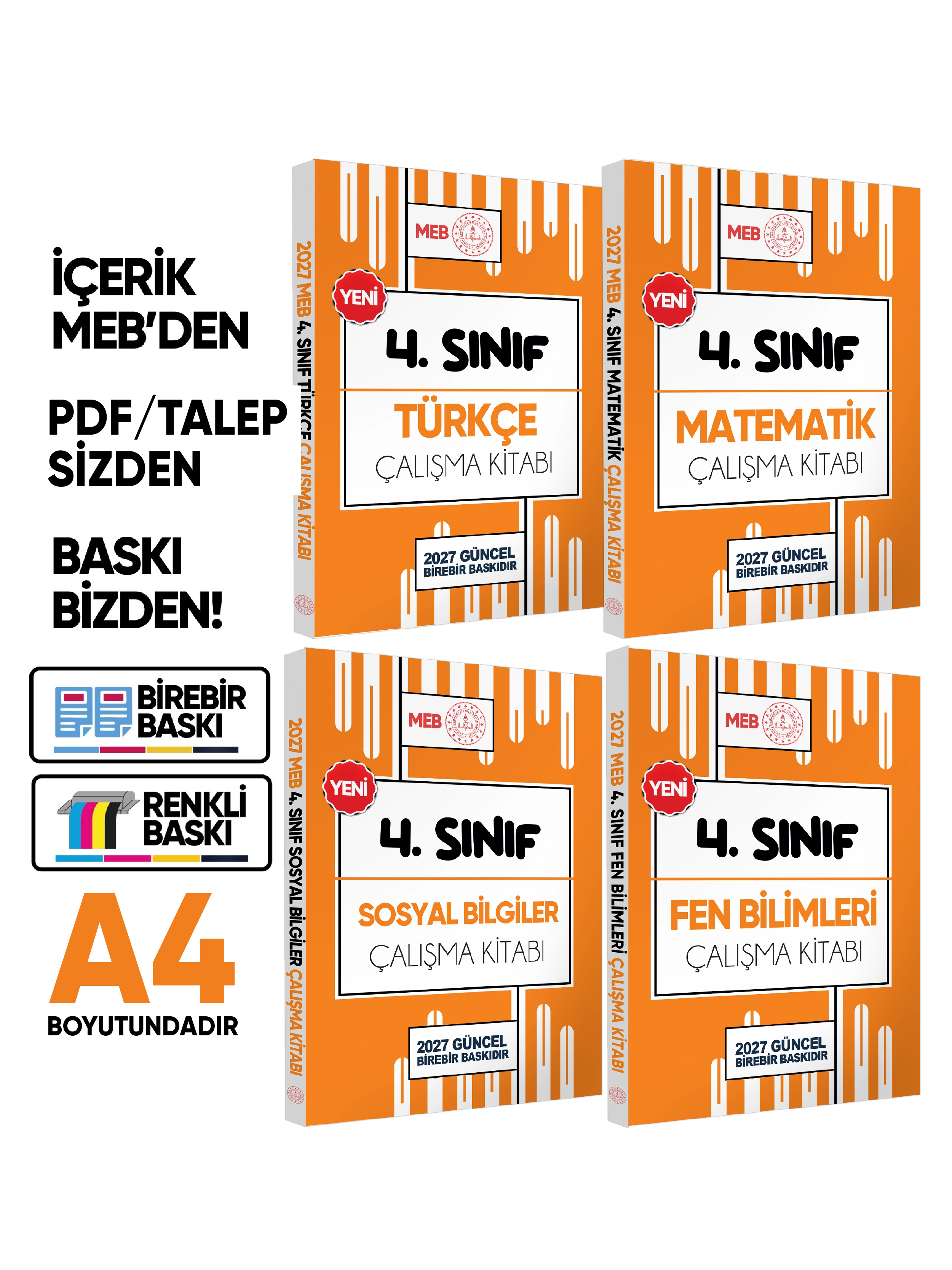 2027 MEB ÖDM İlkokul 4.Sınıf Çalışma Kitabı Alıştırmalı Soru Bankası 4lü SET RENKLİ BASKI ÜCRETİ