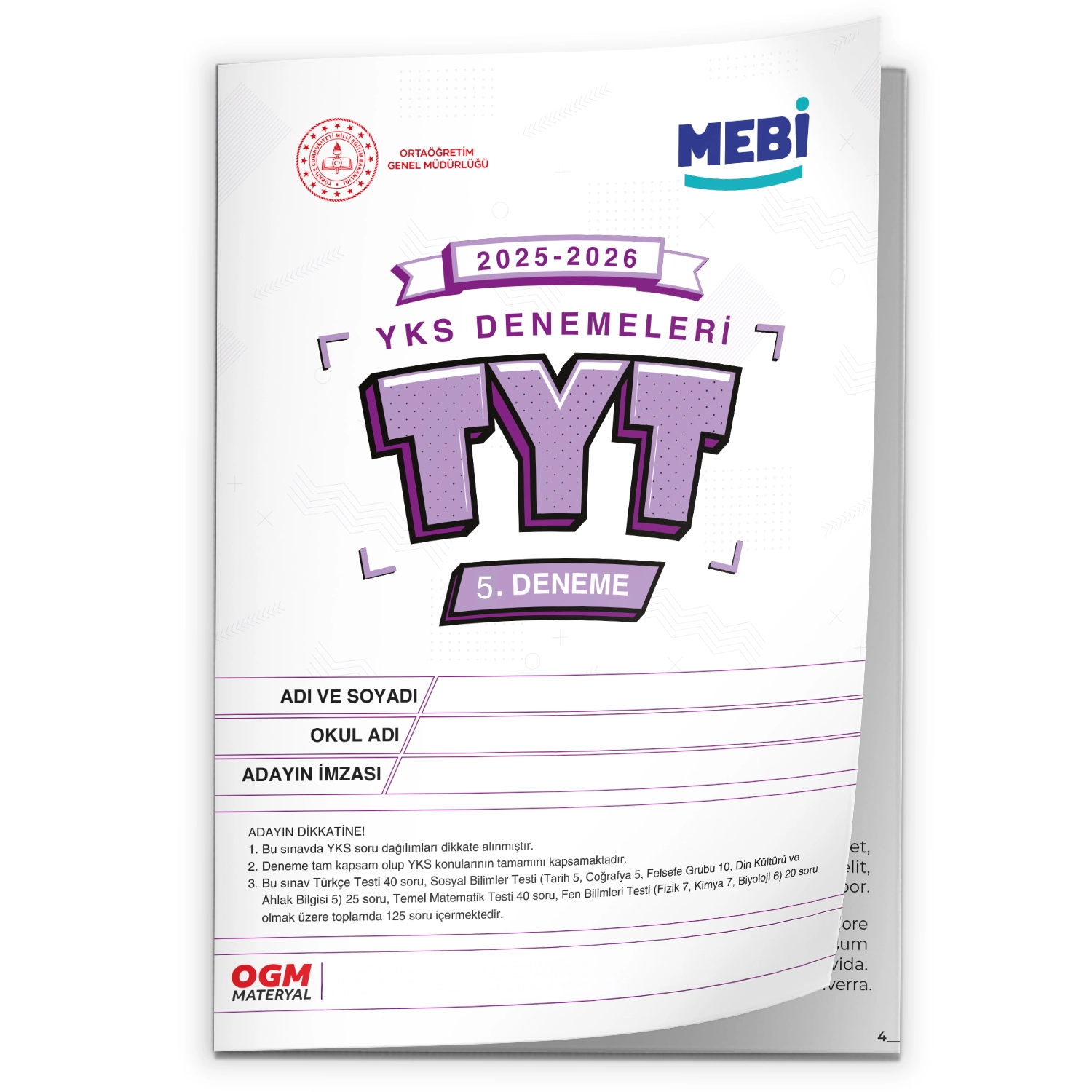 2026 YKS-TYT MEBİ ONLİNE Türkiye Geneli 5. Deneme  Büyük Boy Renkli BASKI ÜCRETİ