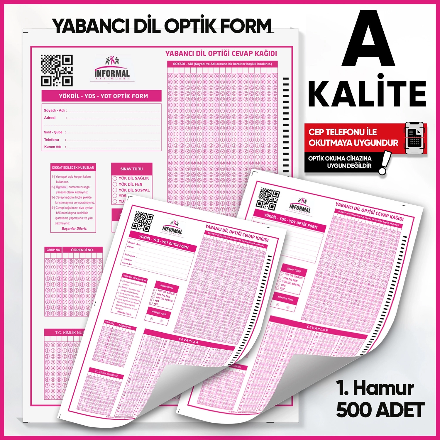 Yabancı Dil (YÖKDİL, YDS ve YDT) Deneme Sınavları İçin 500 Adet Optik Form
