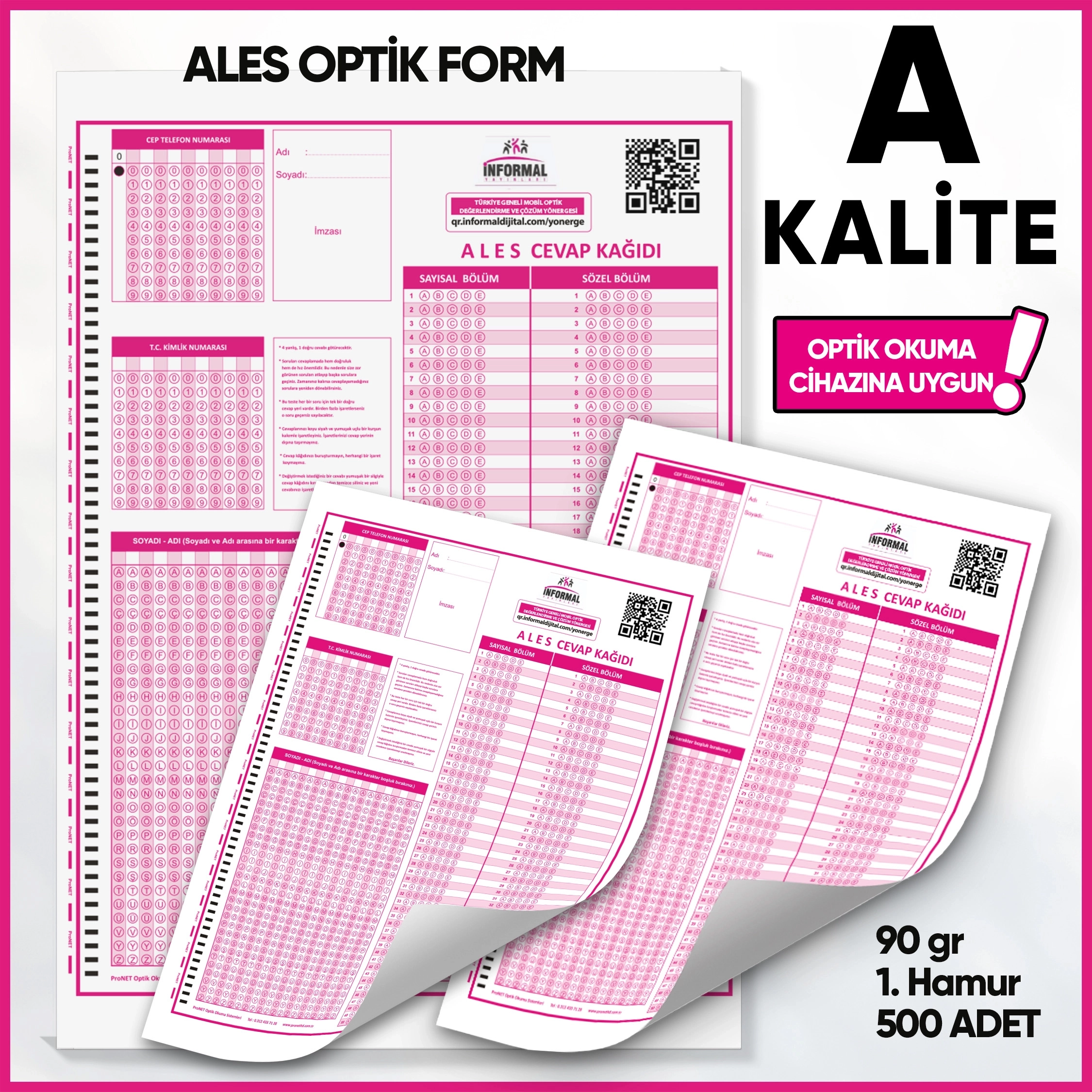ALES Deneme Sınavları İçin 500 Adet (90.GR) Optik Form - Optik Okuma Uyumlu