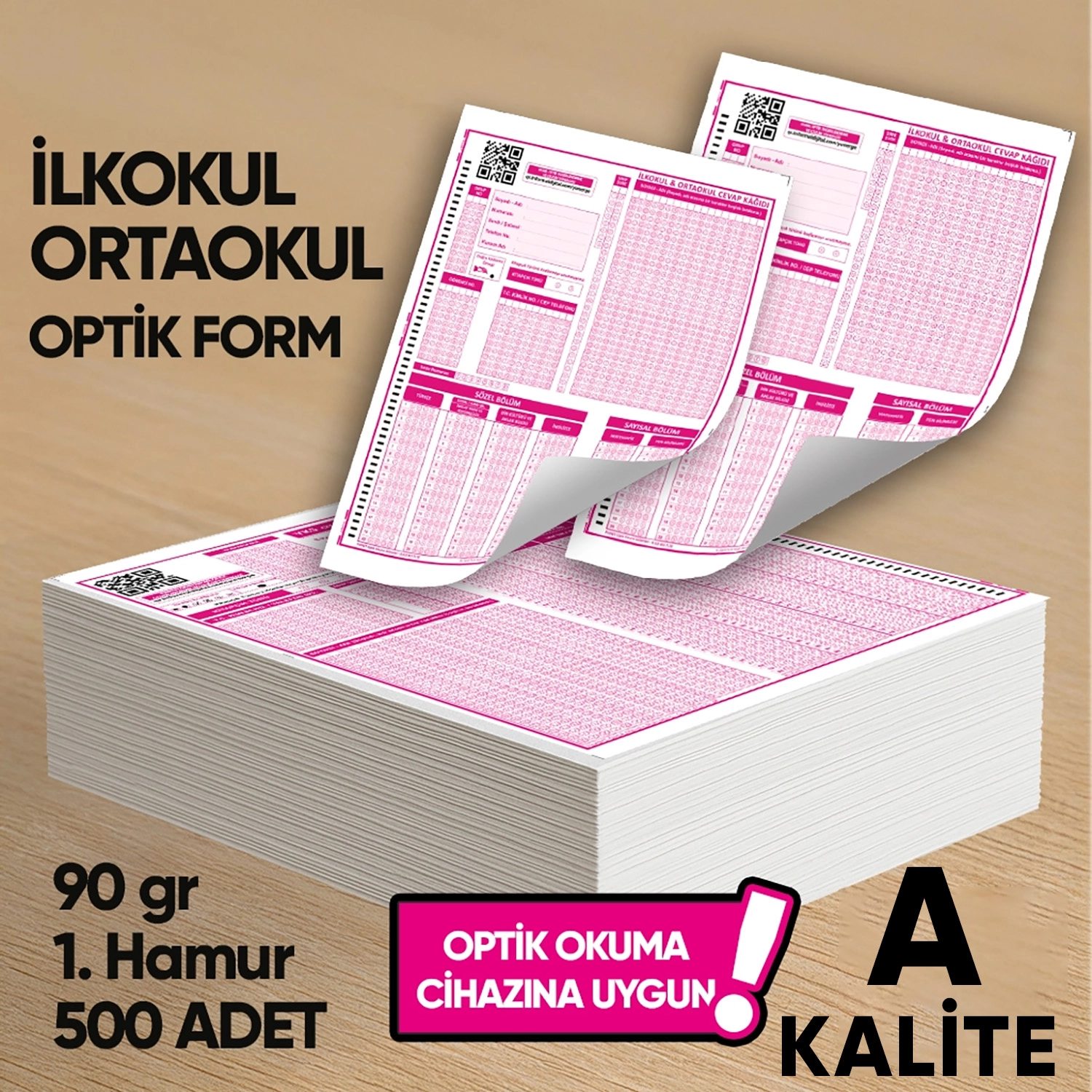 İlkokul-Ortaokul Deneme Sınavları İçin 500 Adet (90.GR) Optik Form - Optik Okuma Uyumlu