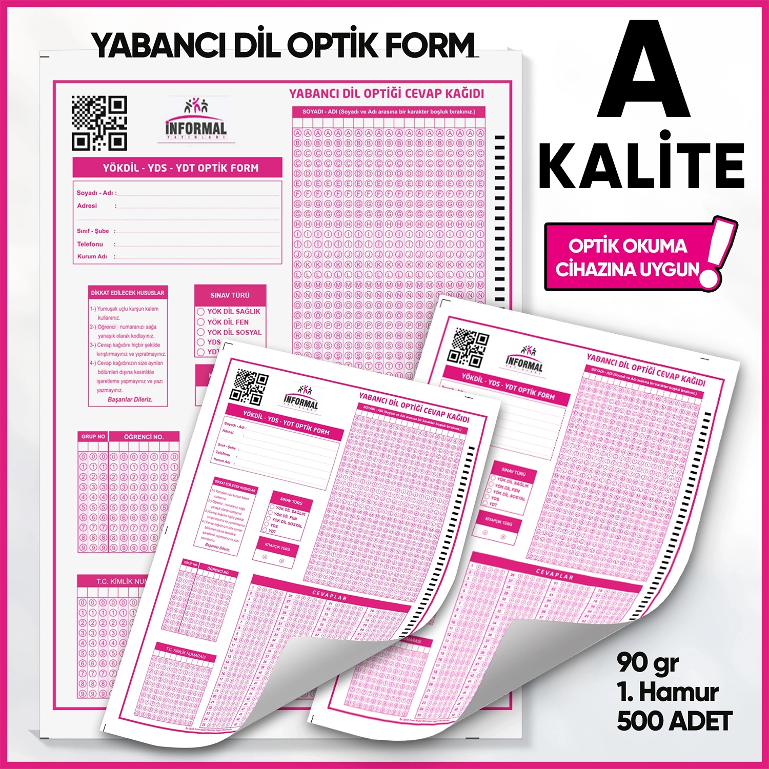 Yabancı Dil(YÖKDİL, YDS ve YDT)Kurumsal Değerlendirme Optik Formu(500 Adet-90gr-Optik Okuma Uyumlu)