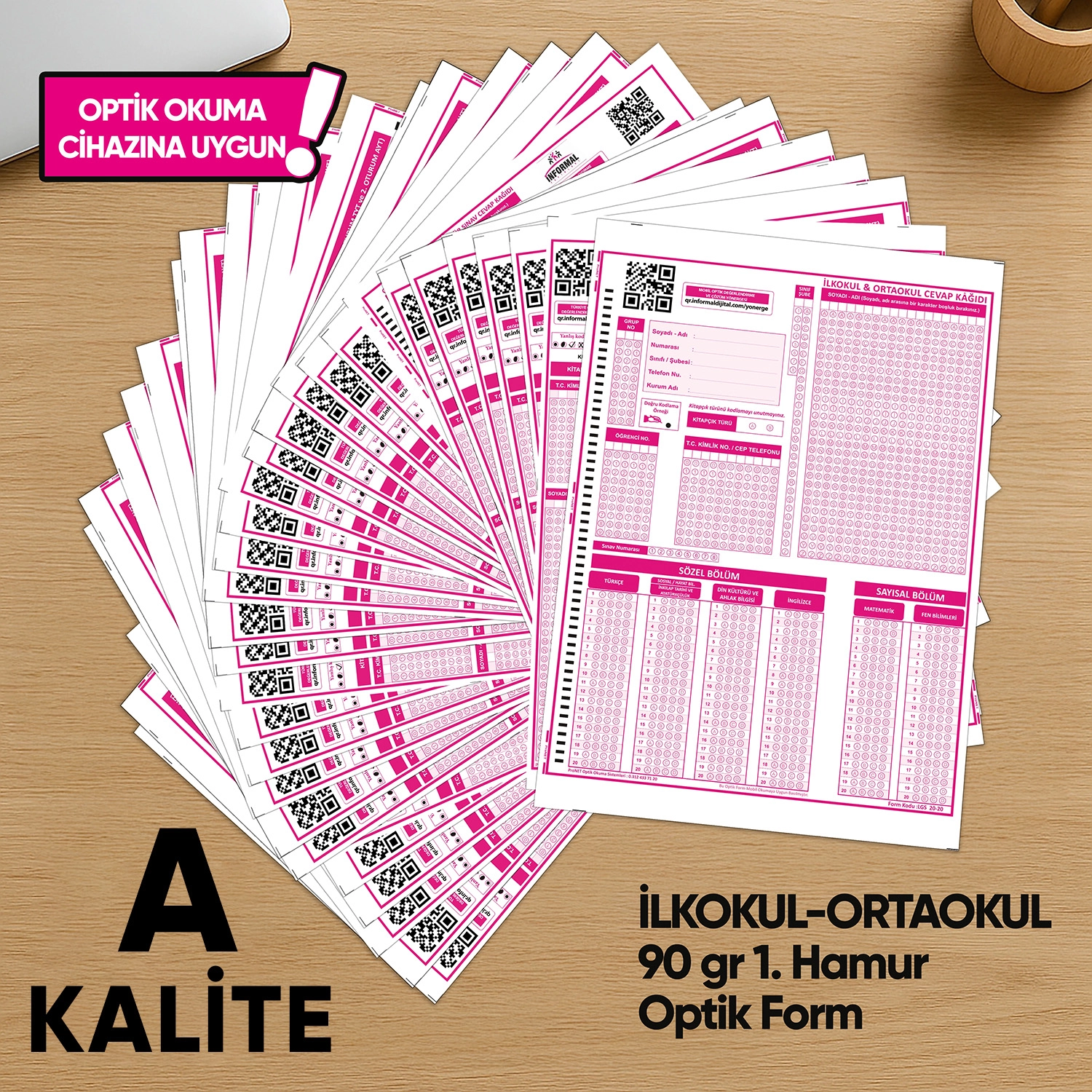 İlkokul-Ortaokul Deneme Sınavları İçin 500 Adet (90.GR) Optik Form - Optik Okuma Uyumlu