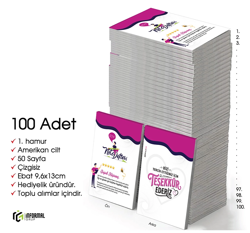 En güzel Hediye İnformal 100 Adet Çizgisiz Mini Not Defteri 9x13 cm 1.Hamur Amerikan Cilt 50 Sayfa