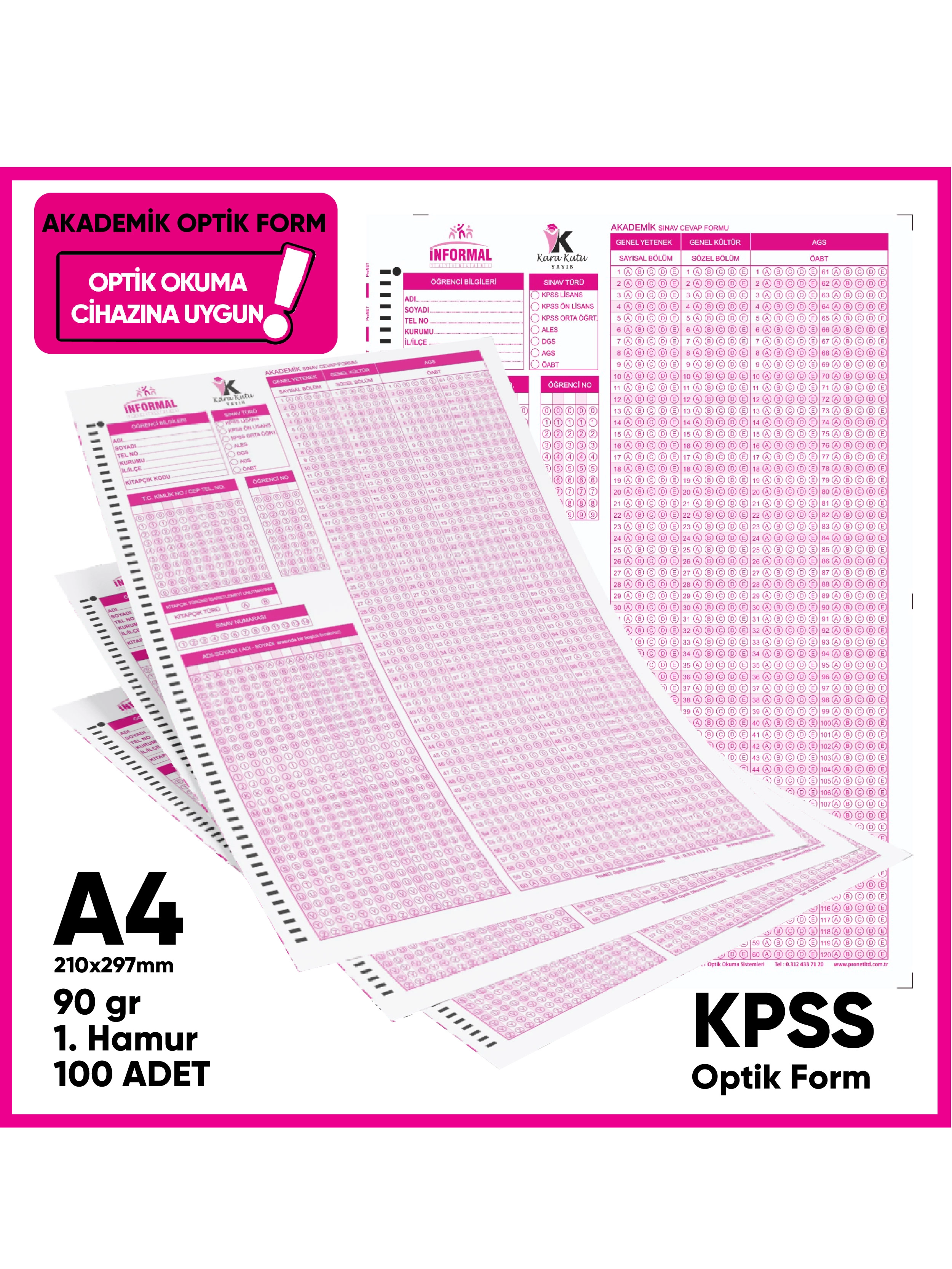 KPSS Deneme Sınavları İçin 100 Adet (90.GR) Akademik Optik Form - Optik Okuma Uyumlu