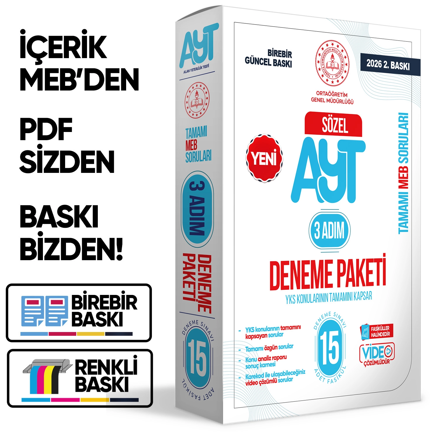 2026 3 Adım YKS-AYT Sözel MEBİ Özgün Sorular 15li Deneme Fasikül Paketi Video Çözümlü BASKI ÜCRETİ