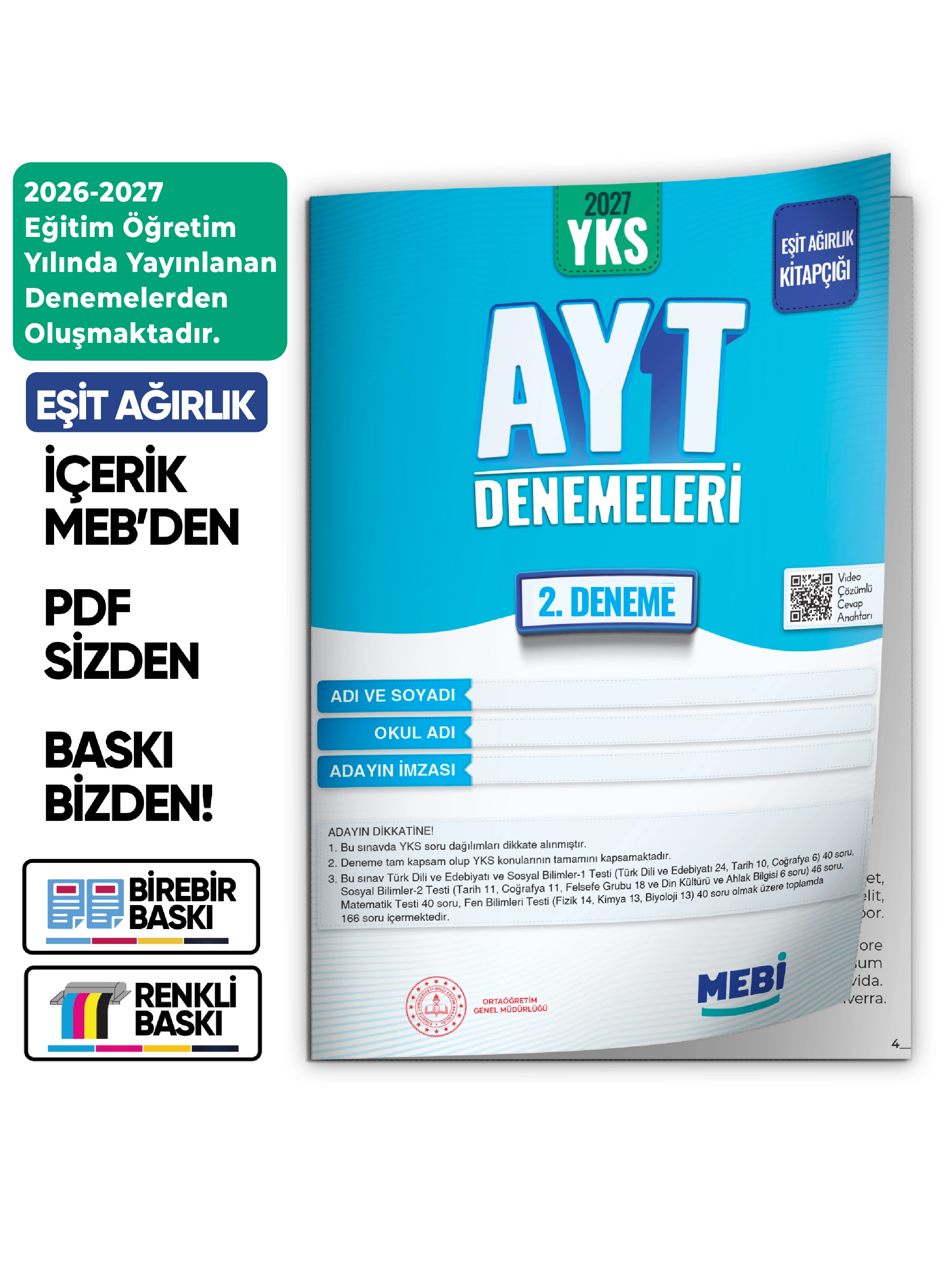 2027 YKS-AYT EŞİT AĞIRLIK MEBİ ONLİNE Türkiye Geneli 2. Deneme Büyük Boy Renkli BASKI ÜCRETİ