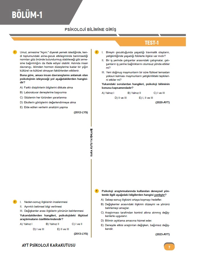 2026 YKS AYT PSİKOLOJİNİN Kara Kutusu ÖSYM Çıkmış Soru Havuzu Bankası Dijital Çözümlü