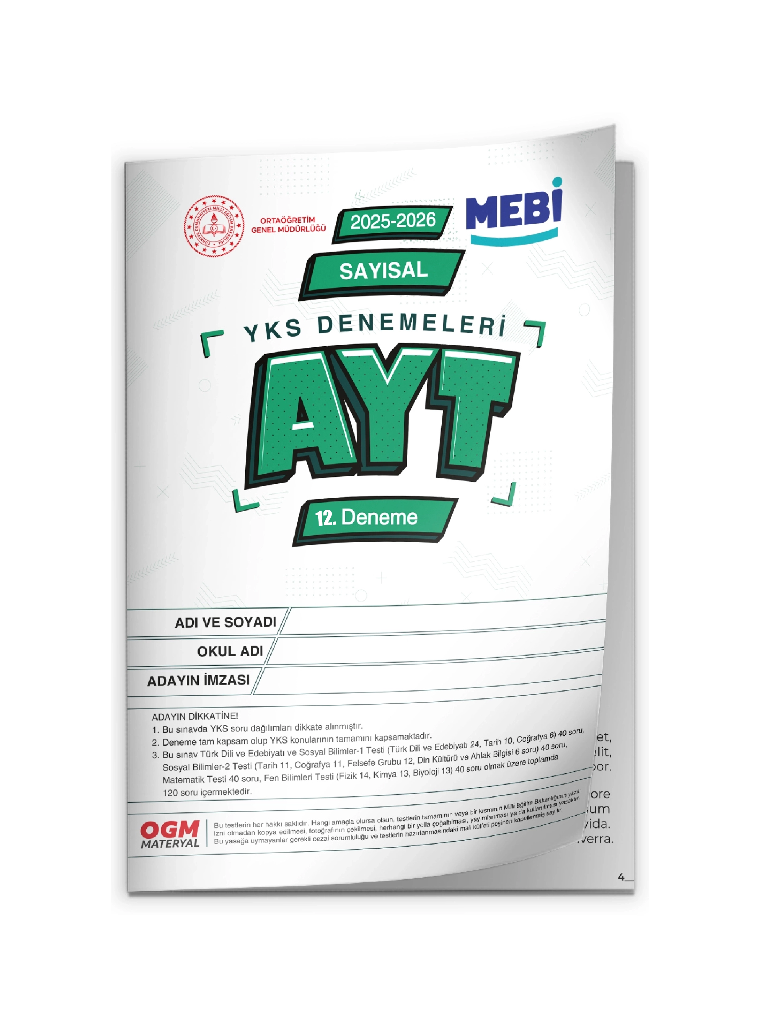 2026 YKS-AYT SAYISAL MEBİ ONLİNE Türkiye Geneli 12. Deneme Büyük Boy RENKLİ BASKI ÜCRETİ Güncel Baskı
