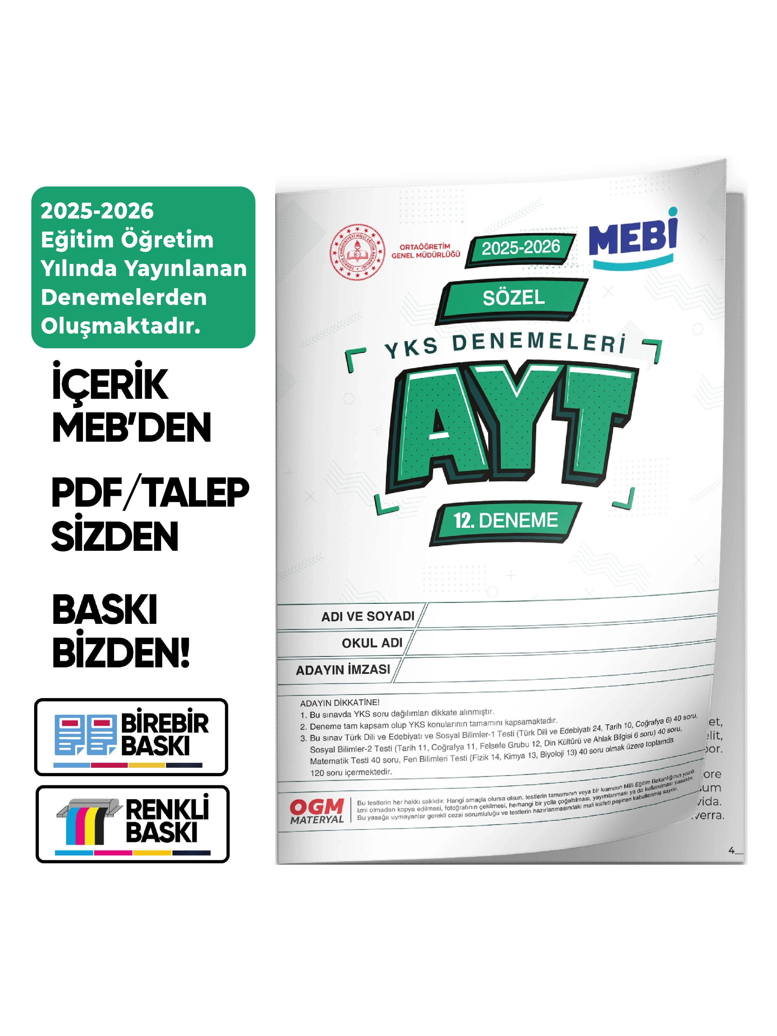 2026 YKS-AYT SÖZEL MEBİ ONLİNE Türkiye Geneli 12. Deneme Büyük Boy RENKLİ BASKI ÜCRETİ Güncel Baskı