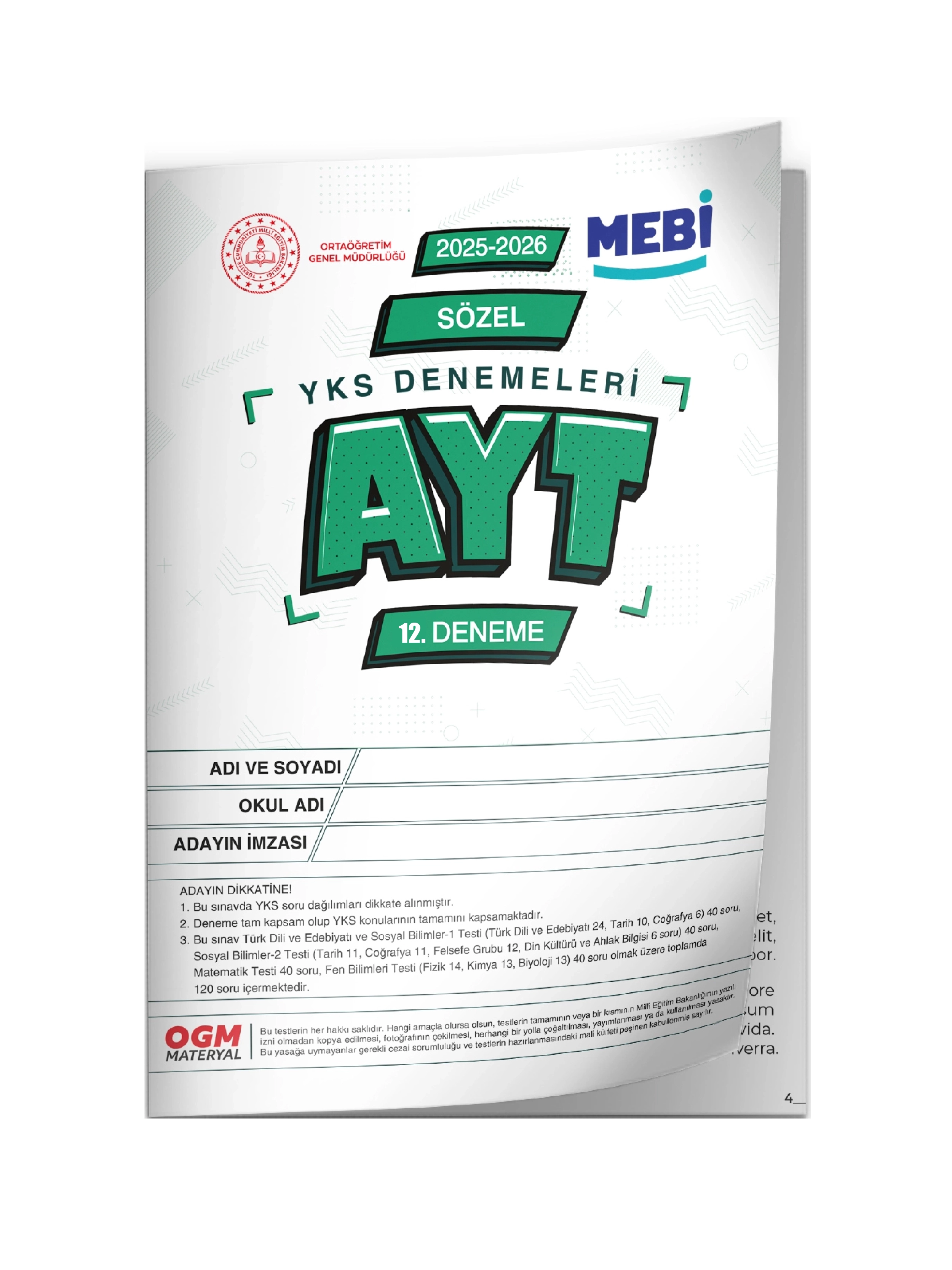 2026 YKS-AYT SÖZEL MEBİ ONLİNE Türkiye Geneli 12. Deneme Büyük Boy RENKLİ BASKI ÜCRETİ Güncel Baskı