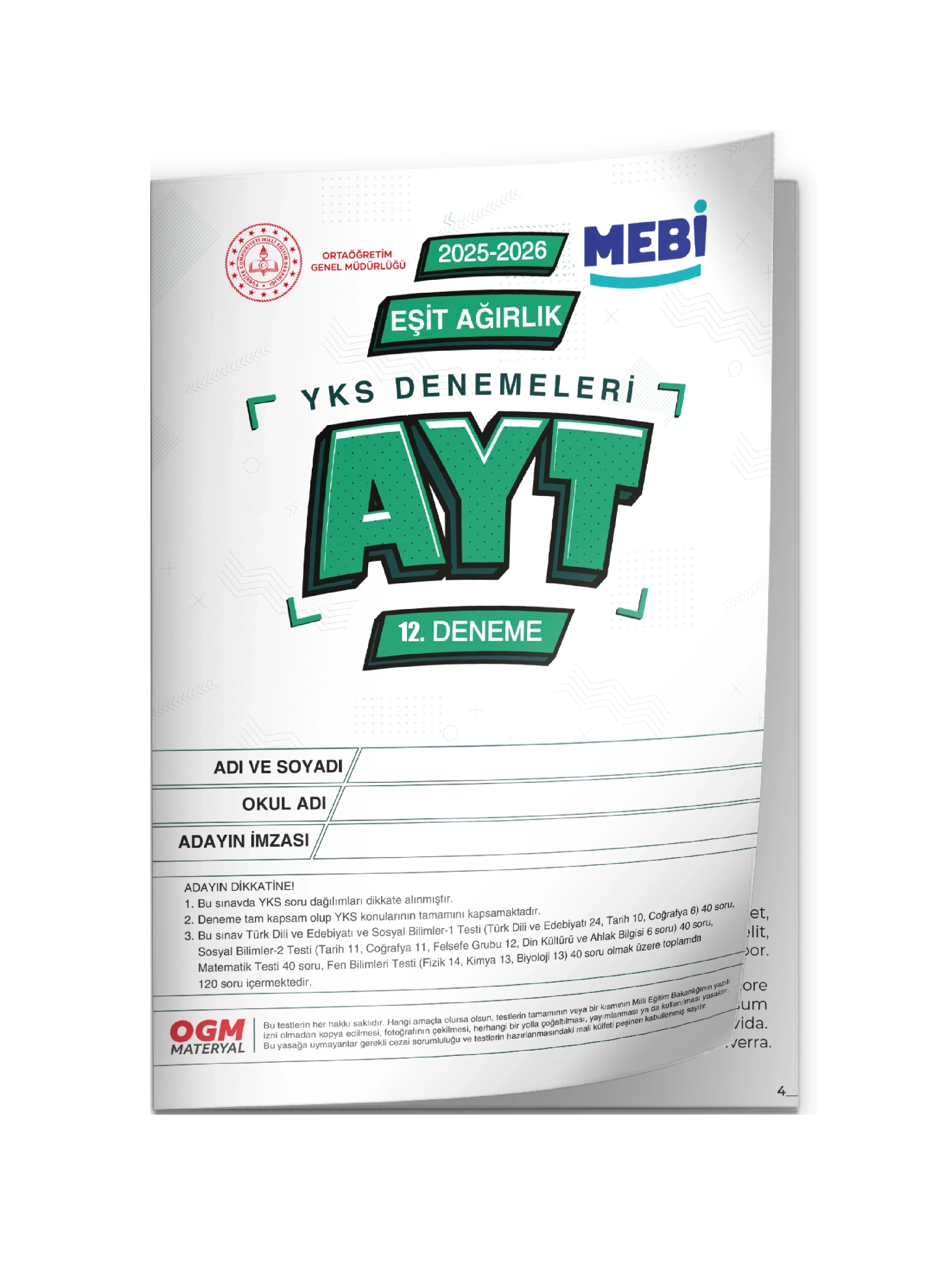 2026 YKS-AYT Eşit Ağırlık TM MEBİ ONLİNE Türkiye Geneli 12. Deneme Büyük Boy RENKLİ BASKI ÜCRETİ