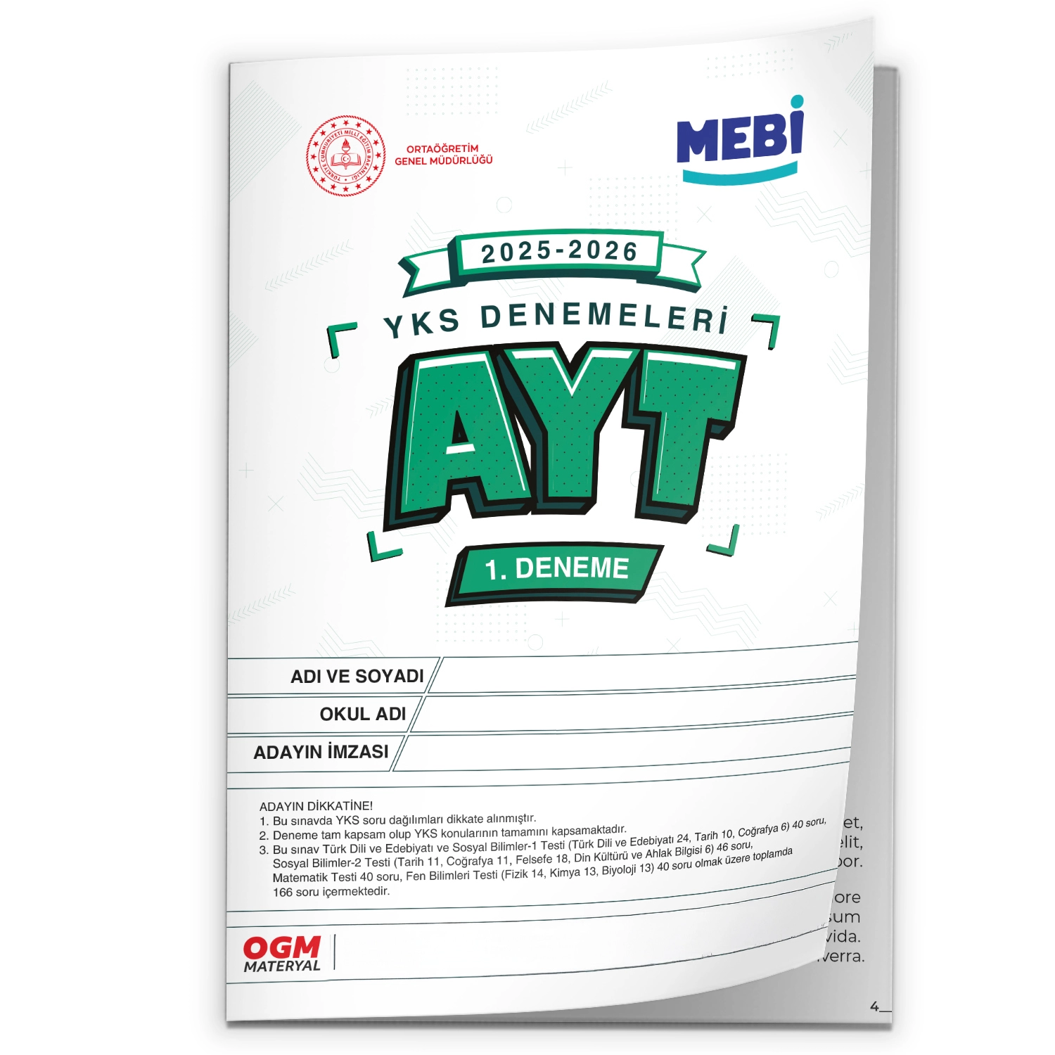2026 YKS-AYT MEBİ OGM EŞİT AĞIRLIK Güncel Seri Online Deneme 12li SET BASKI ÜCRETİ