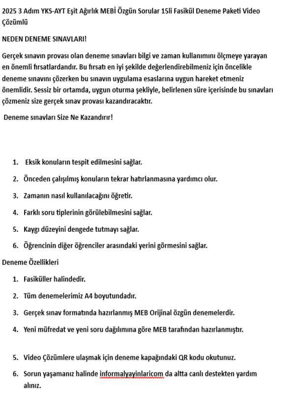 2026 3 Adım YKS-AYT Eşit Ağırlık (TM) MEBİ Özgün Sorular 15li Deneme Fasikül Paketi Video Çözümlü