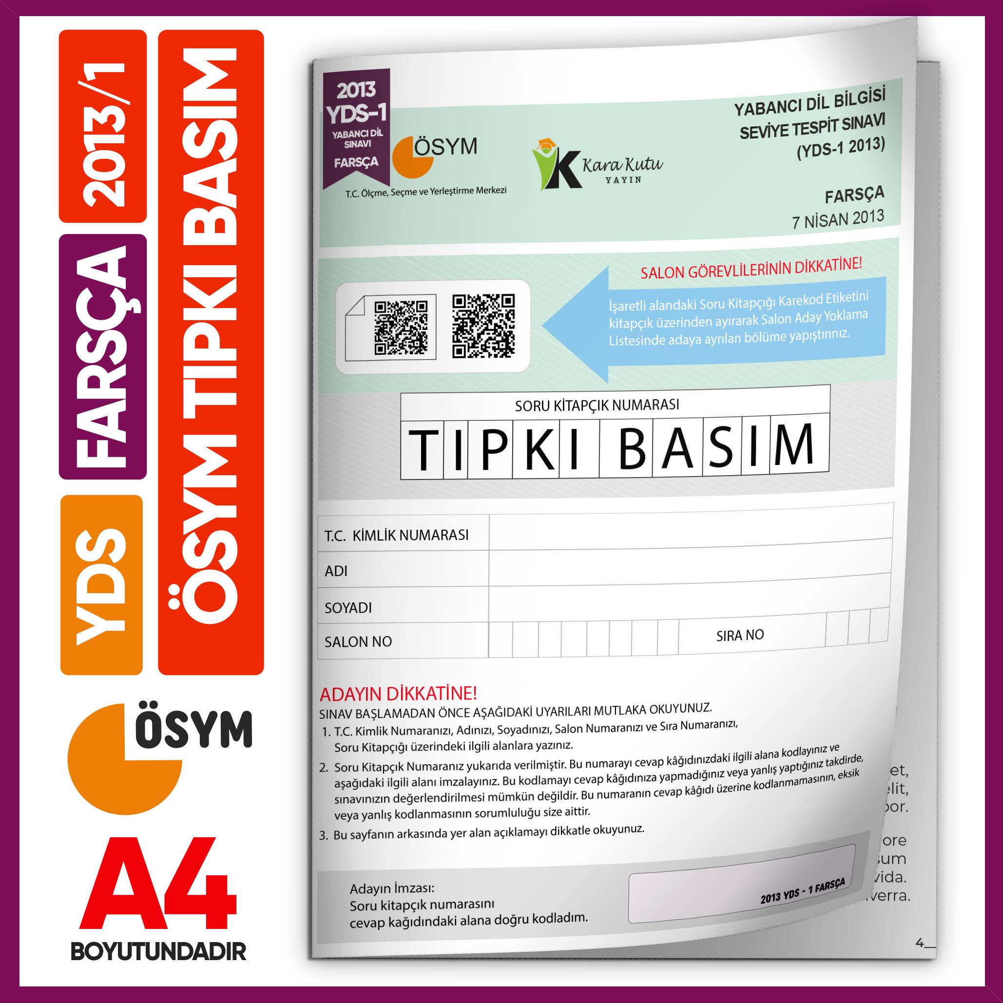 YDS Farsça 2013/1 Yabancı Dil Sınavı ÖSYM Tıpkı Basım Çıkmış Soru Deneme Kitapçığı (e-YDS’ye uygun)