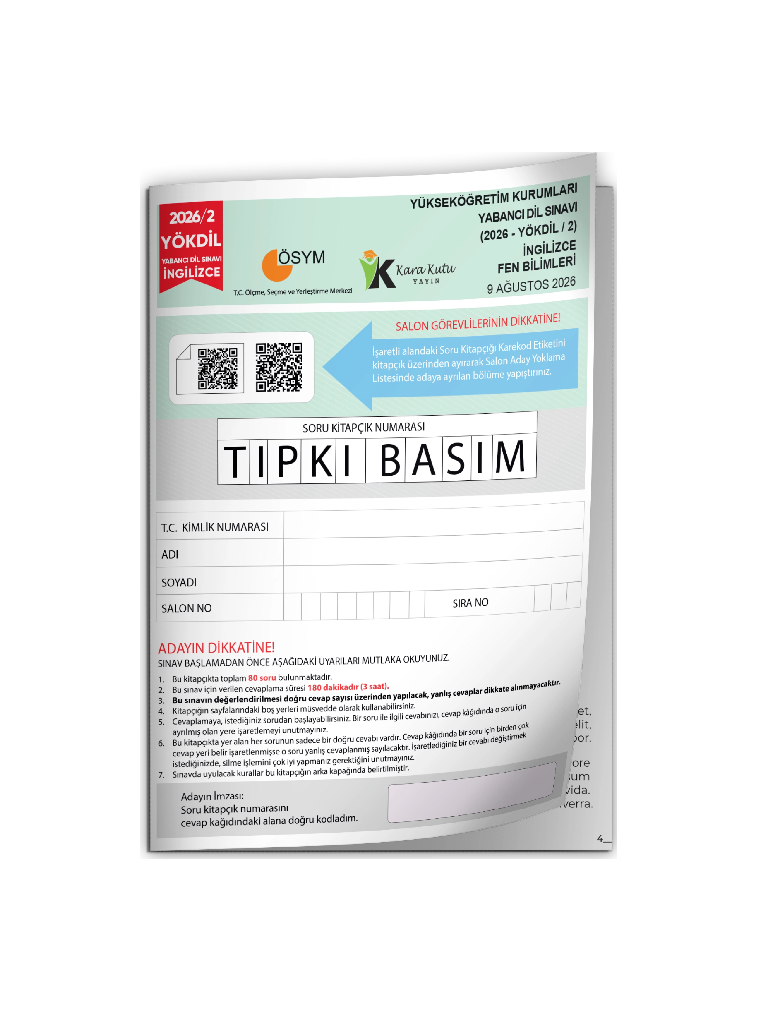 2026/2 YÖKDİL İngilizce FEN BİLİMLERİ ÖSYM Çıkmış Soru Tıpkı Basım Deneme Kitapçığı Türkiye Geneli