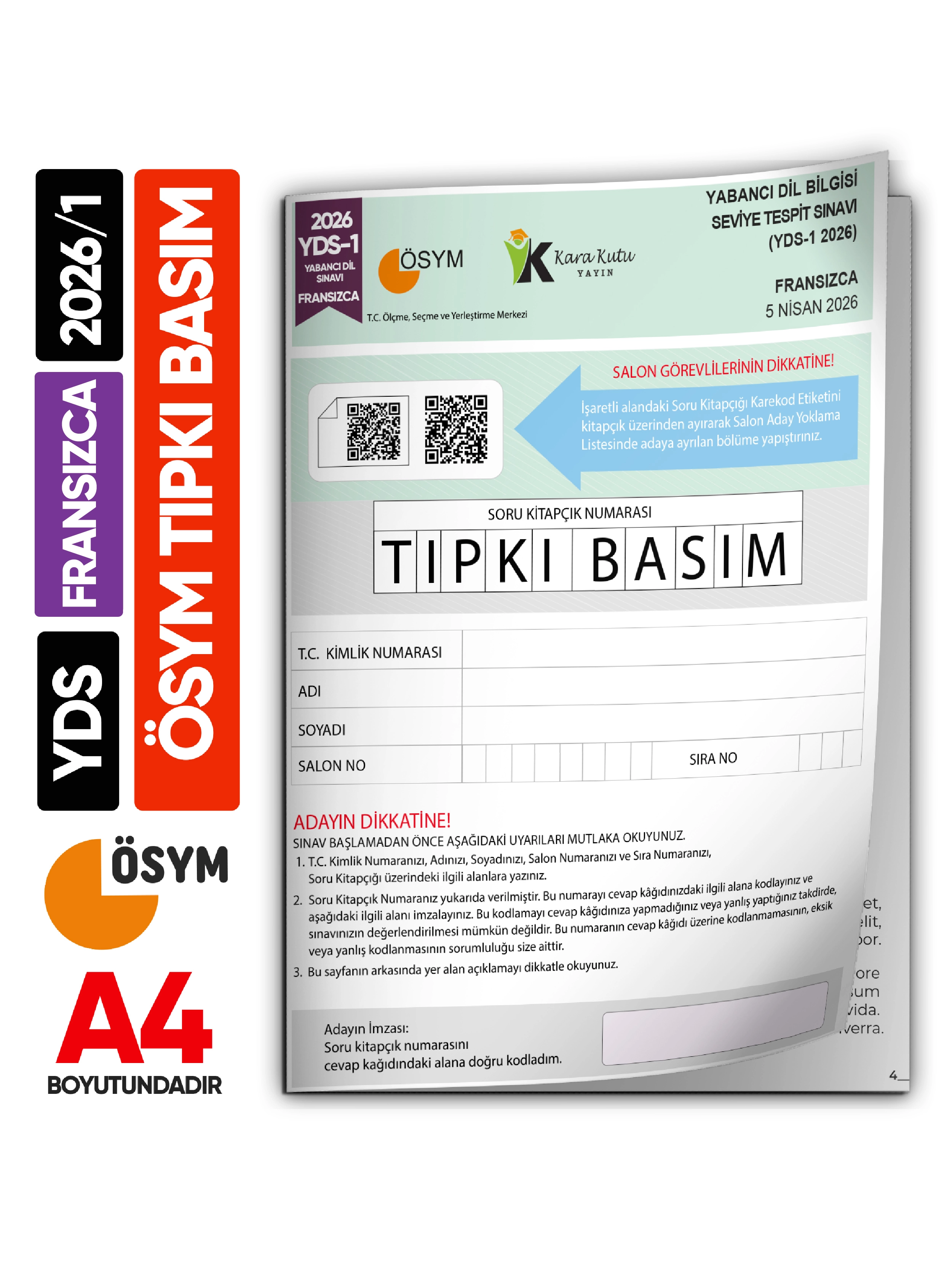 YDS Fransızca 2026/1 Yabancı Dil Sınavı ÖSYM Tıpkı Basım Çıkmış Soru Deneme Kitapçığı (e-YDS uygun)