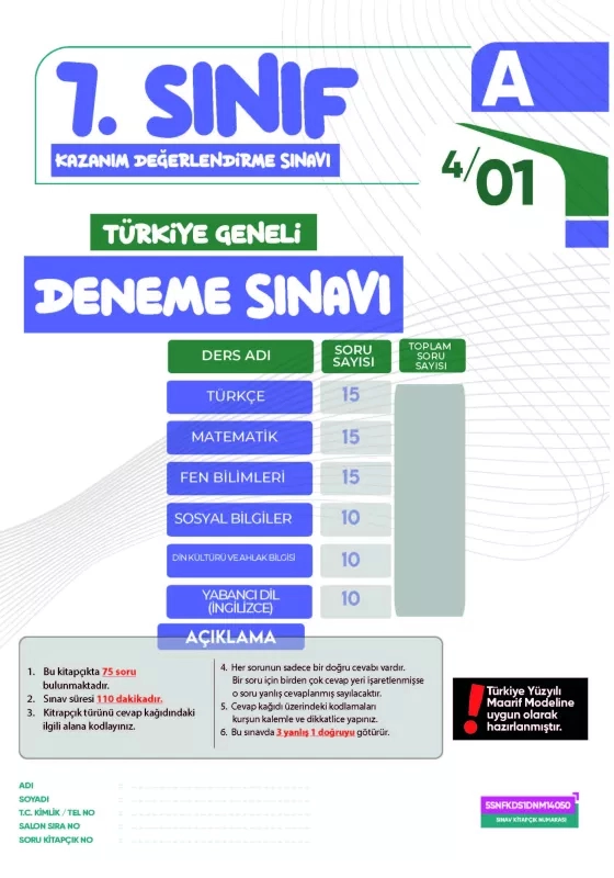 2027 7.Sınıf KDS (Konu Değerlendirme Sınavı) Sarmal Deneme Seti 4lü Türkiye Geneli Dijital Çözümlü