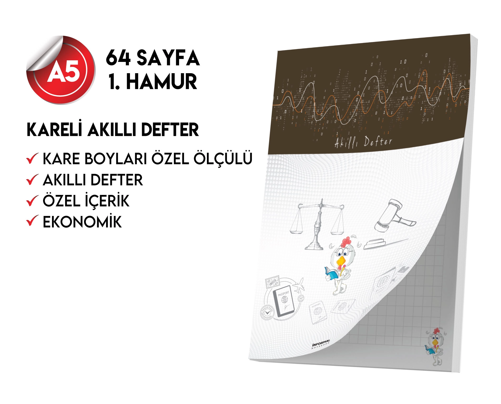 Kareli Not Defteri 64 Sayfa Akıllı Defter Tekli A5 Tam Beyaz Tekli