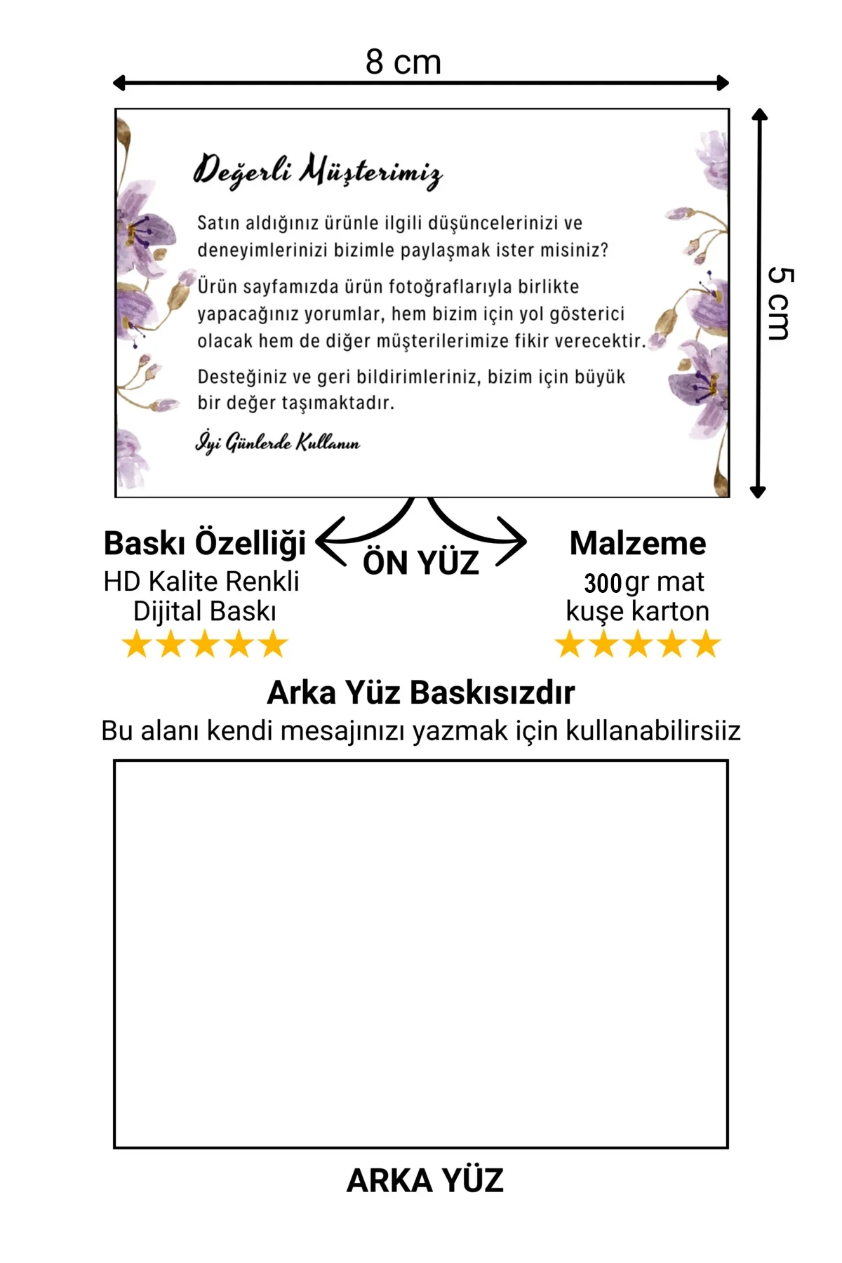 Müşteri Deneyimi ve Yorum İçin Teşekkür Kartı 100 adet 8 cmx5 cm Yüksek Kaliteli 300 gr Mat Kuşe