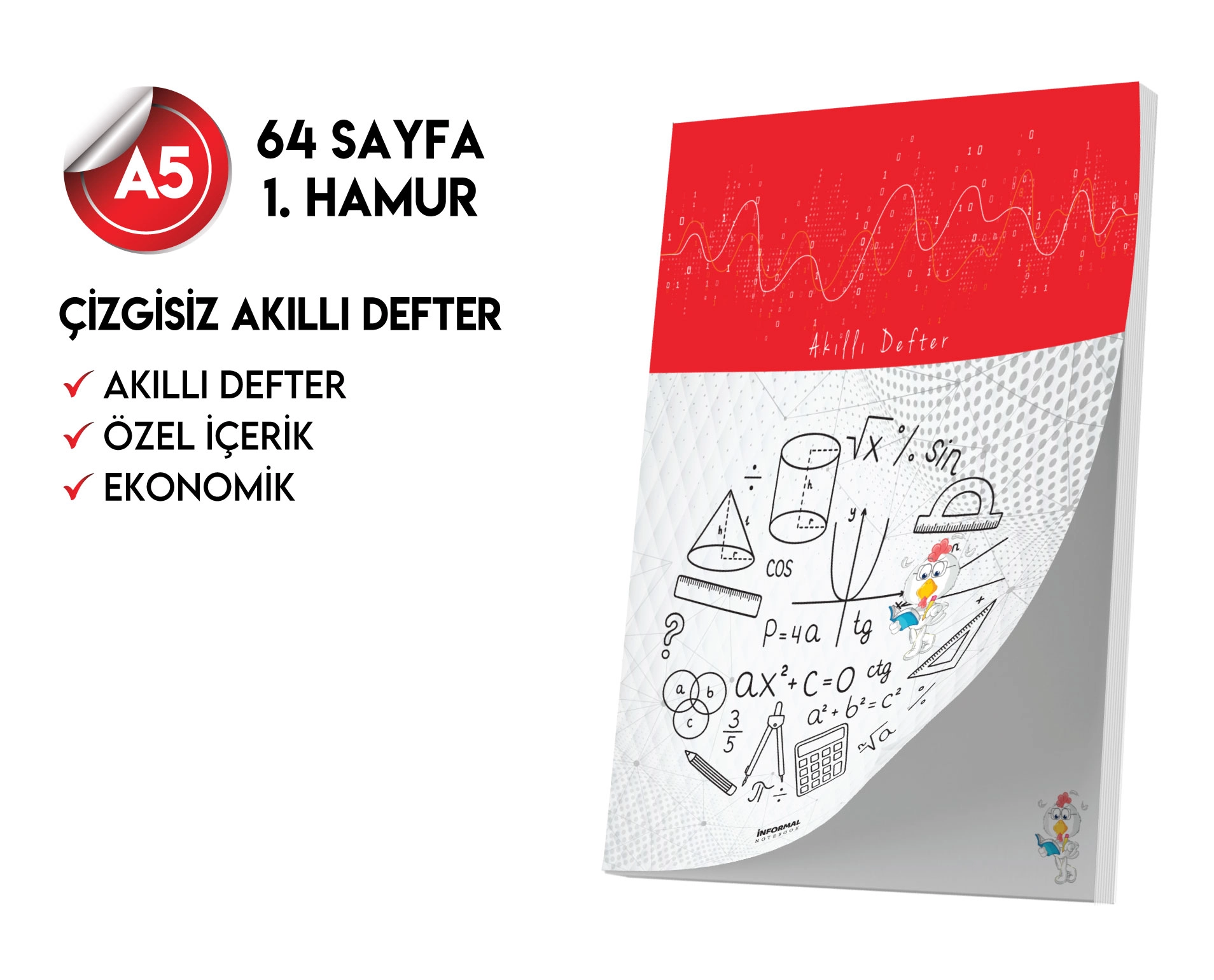 Çizgisiz Not Defteri 64 Sayfa Akıllı Defter Tekli A5 Tam Beyaz Tekli