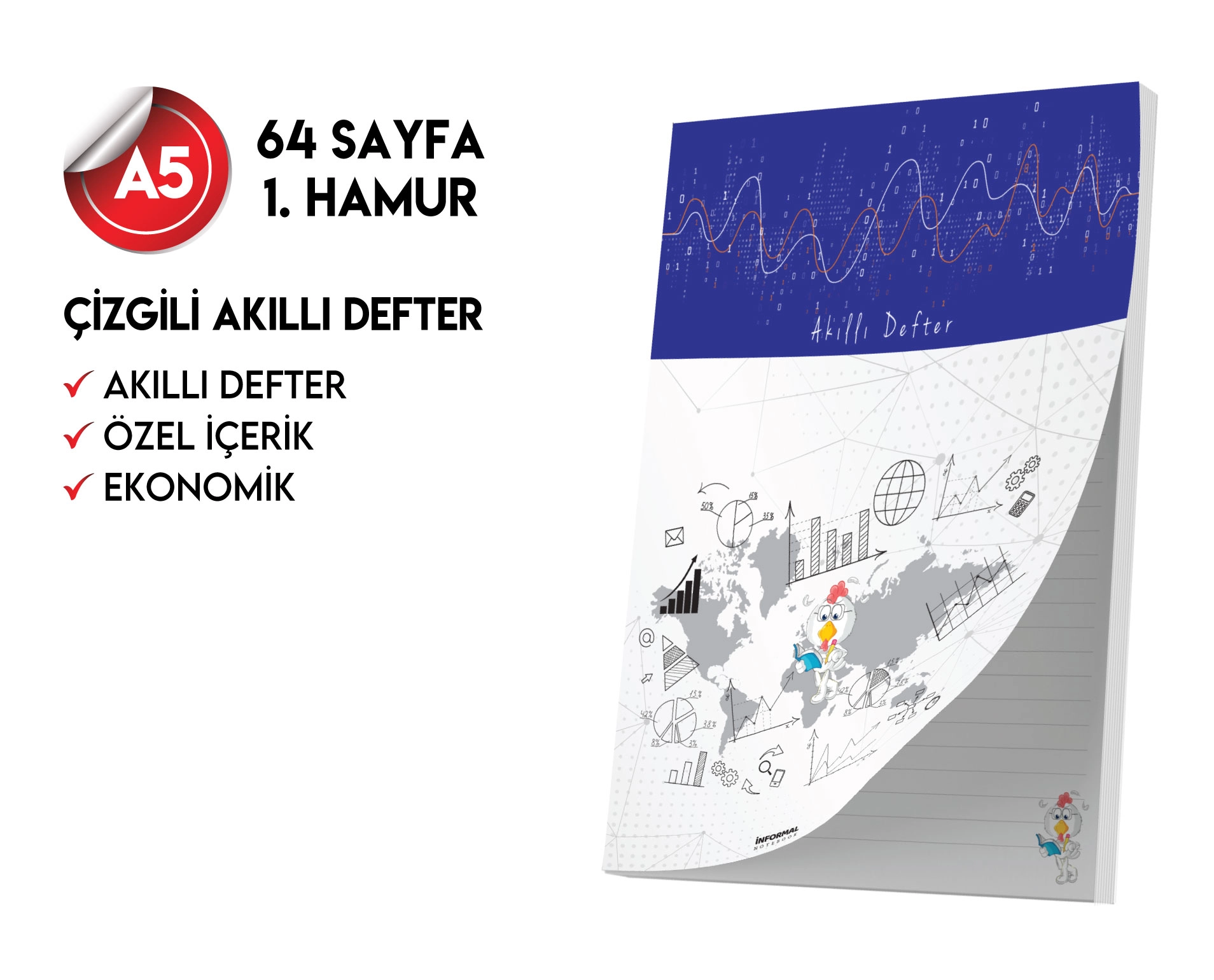 Çizgili Not Defteri 64 Sayfa Akıllı Defter Tekli A5 Tam Beyaz Tekli