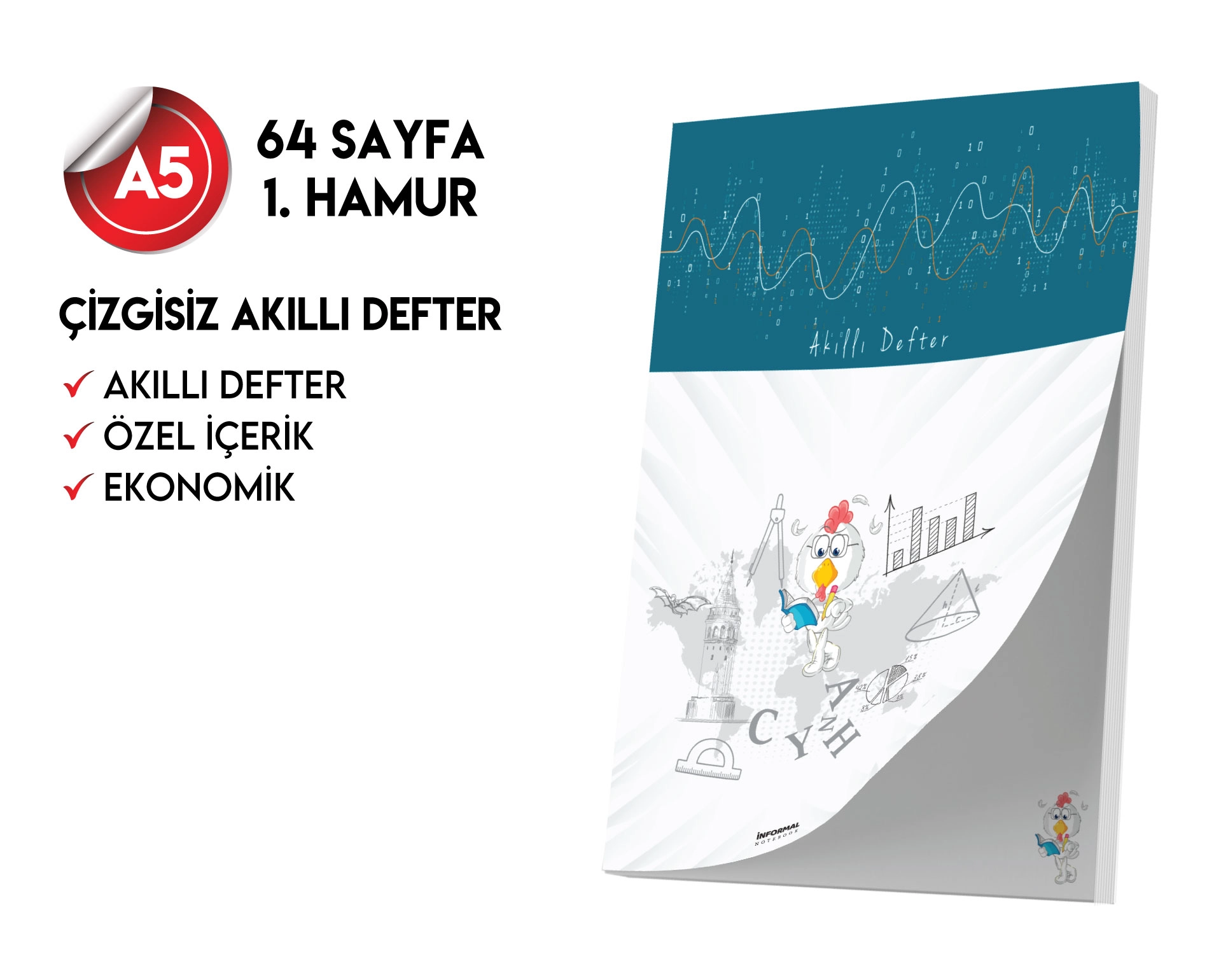 Çizgisiz Not Defteri 64 Sayfa Akıllı Defter Tekli A5 Tam Beyaz Tekli