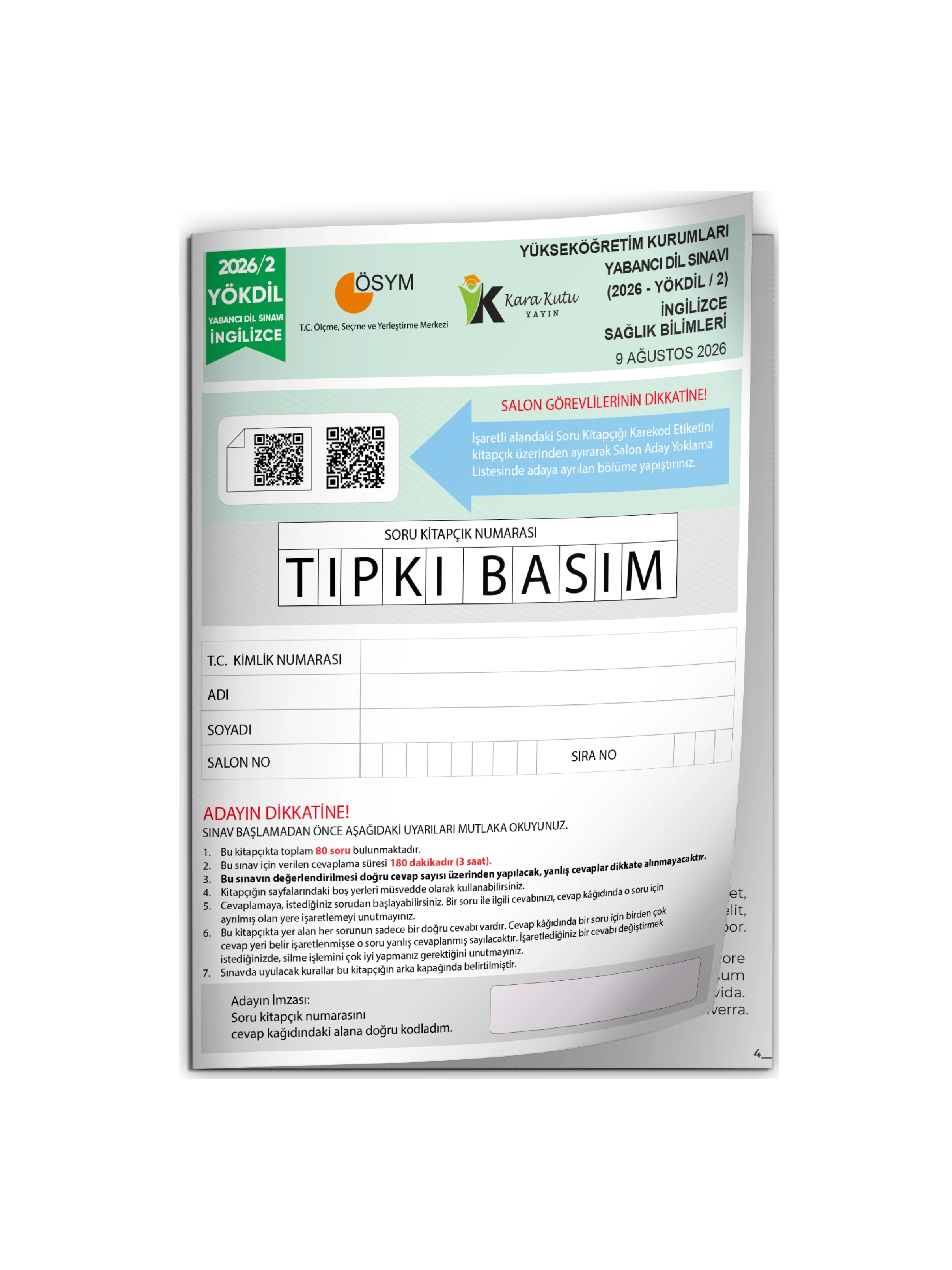 2026/2 YÖKDİL İngilizce SAĞLIK BİLİMLERİ ÖSYM Çıkmış Soru Tıpkı Basım Deneme Kitapçığı TG