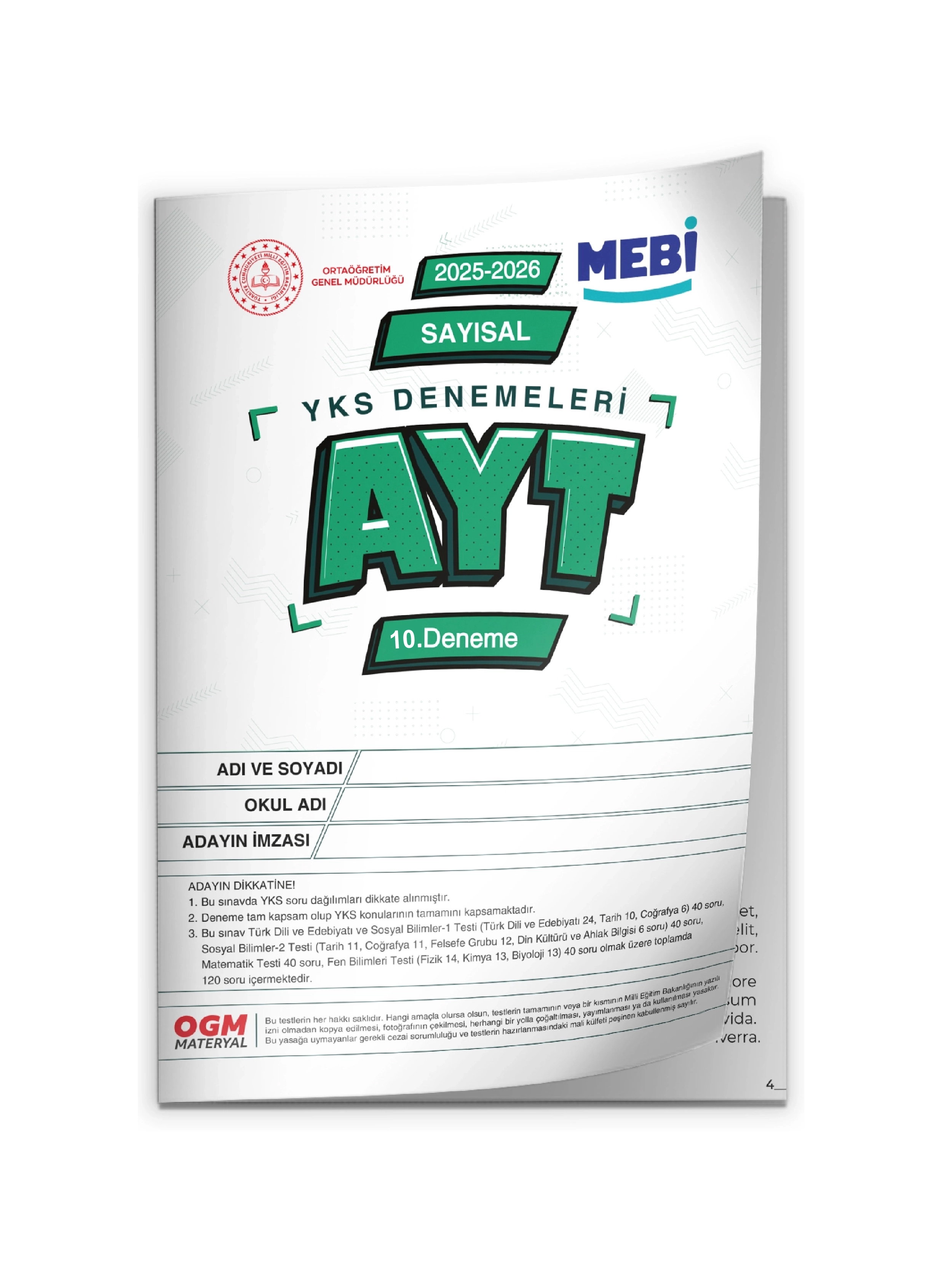 2026 YKS-AYT SAYISAL MEBİ ONLİNE Türkiye Geneli 10. Deneme Büyük Boy RENKLİ BASKI ÜCRETİ