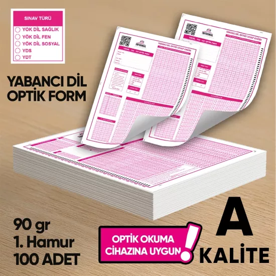Yabancı Dil (YÖKDİL, YDS ve YDT) Deneme Sınavları İçin 100 Adet (90.GR) Optik Form - Optik Okuma Uyumlu