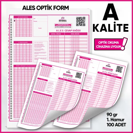 ALES Deneme Sınavları İçin 100 Adet (90.GR) Optik Form - Optik Okuma Uyumlu