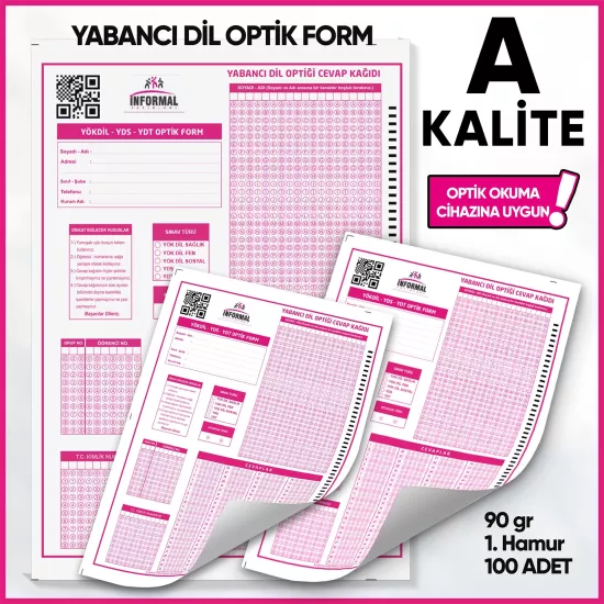 Yabancı Dil (YÖKDİL, YDS ve YDT) Deneme Sınavları İçin 100 Adet (90.GR) Optik Form - Optik Okuma Uyumlu