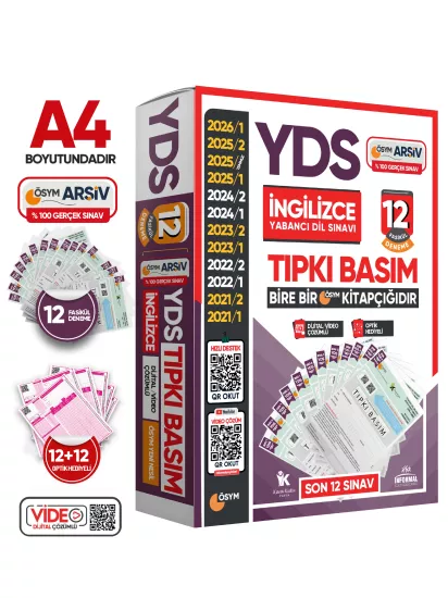 2026 YDS İngilizce ÖSYM Tıpkı Basım Çıkmış Soru 12li Deneme Paketi Video/PDF Çözümlü Türkiye Geneli