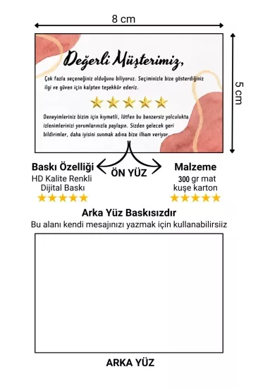 Değerli Müşterimiz Temalı Renkli Teşekkür ve Yorum Artırıcı Kart 500 adet 8x5cm Yüksek Kalite 300 gr