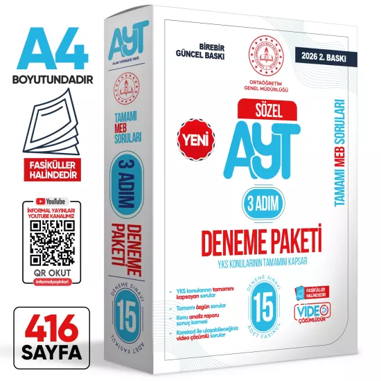 2026 3 Adım YKS-AYT Sözel MEBİ Özgün Sorular 15li Deneme Fasikül Paketi Video Çözümlü BASKI ÜCRETİ