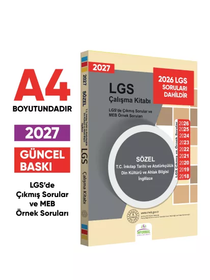 2027 LGS 8.Sınıf Çıkmış ve MEB Örnek Soruları Tarih-Din-İng Sözel Çalışma Kitabı A4 RENKLİ Baskı
