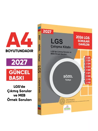 2027 LGS 8.Sınıf Çıkmış ve MEB Örnek Soruları Türkçe Sözel Çalışma Kitabı A4 RENKLİ Baskı