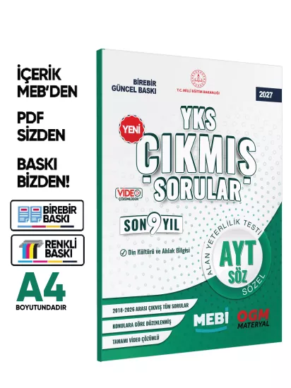 2027 YKS-AYT MEBİ DİN KÜLTÜRÜ ve AHLAK BİLGİSİ ÖSYM Çıkmış Soru Bankası SÖZEL Son 9 Yıl BASKI ÜCRETİ