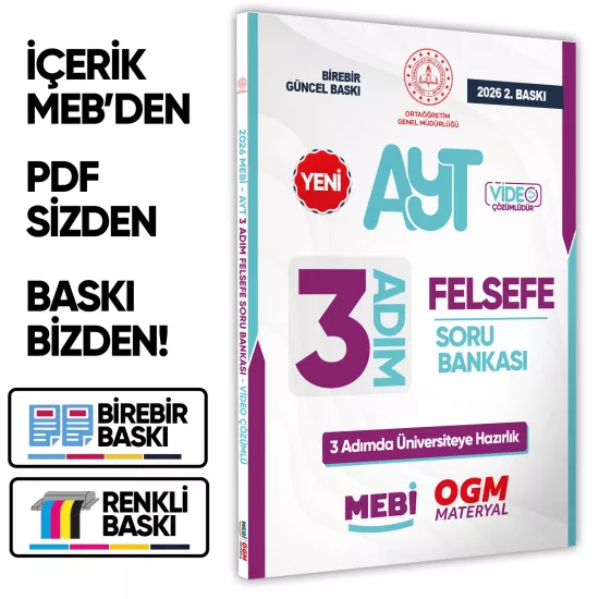 2026 AYT MEBİ-OGM 3 ADIM Felsefe Soru Bankası RENKLİ A4 Boyut Video Çözümlü BASKI ÜCRETİ