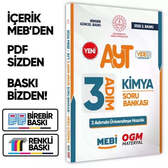 2026 AYT MEBİ-OGM 3 ADIM Kimya Soru Bankası RENKLİ A4 Boyut Video Çözümlü BASKI ÜCRETİ