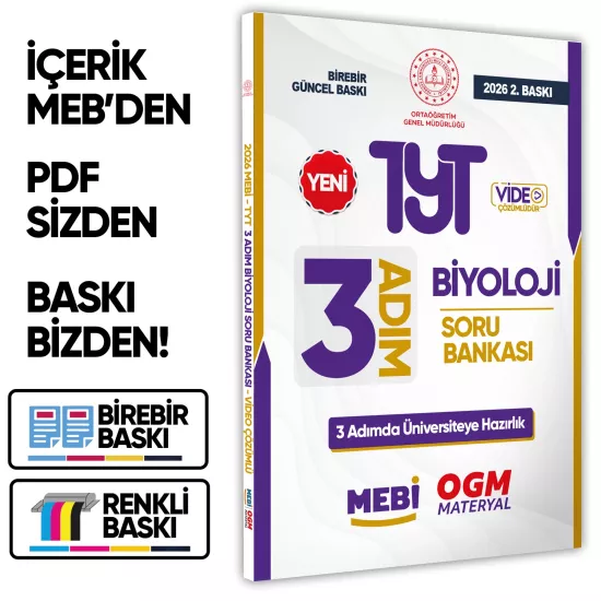 2026 TYT MEBİ-OGM 3 ADIM Biyoloji Soru Bankası RENKLİ A4 Boyut Video Çözümlü BASKI ÜCRETİ