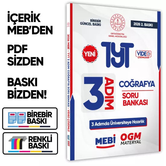 2026 TYT MEBİ-OGM 3 ADIM Coğrafya Soru Bankası RENKLİ A4 Boyut Video Çözümlü BASKI ÜCRETİ