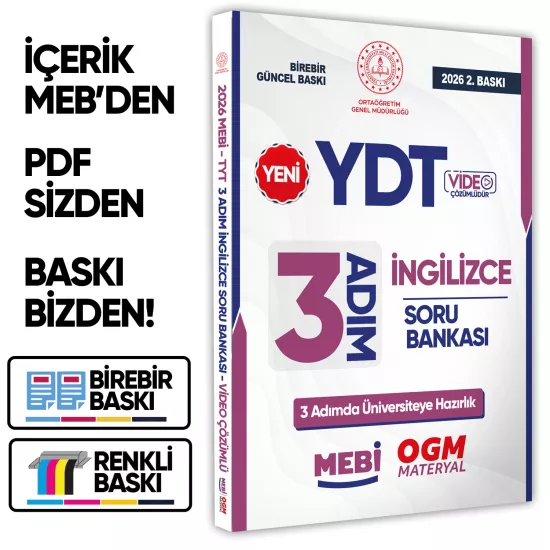 2026 YDT MEBİ-OGM 3 ADIM İngilizce Soru Bankası RENKLİ A4 Boyut Video Çözüm BASKI ÜCRETİ